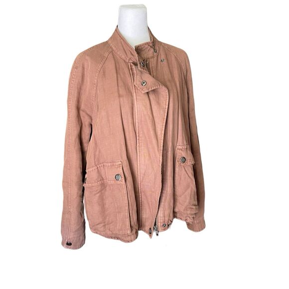 Free People XS Utility Bomber Jacket Brown Full Zip Front Cotton Linen - Picture 6 of 8